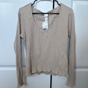 H&M Women’s Beige Ribbed Long Sleeve Blouse Size Large